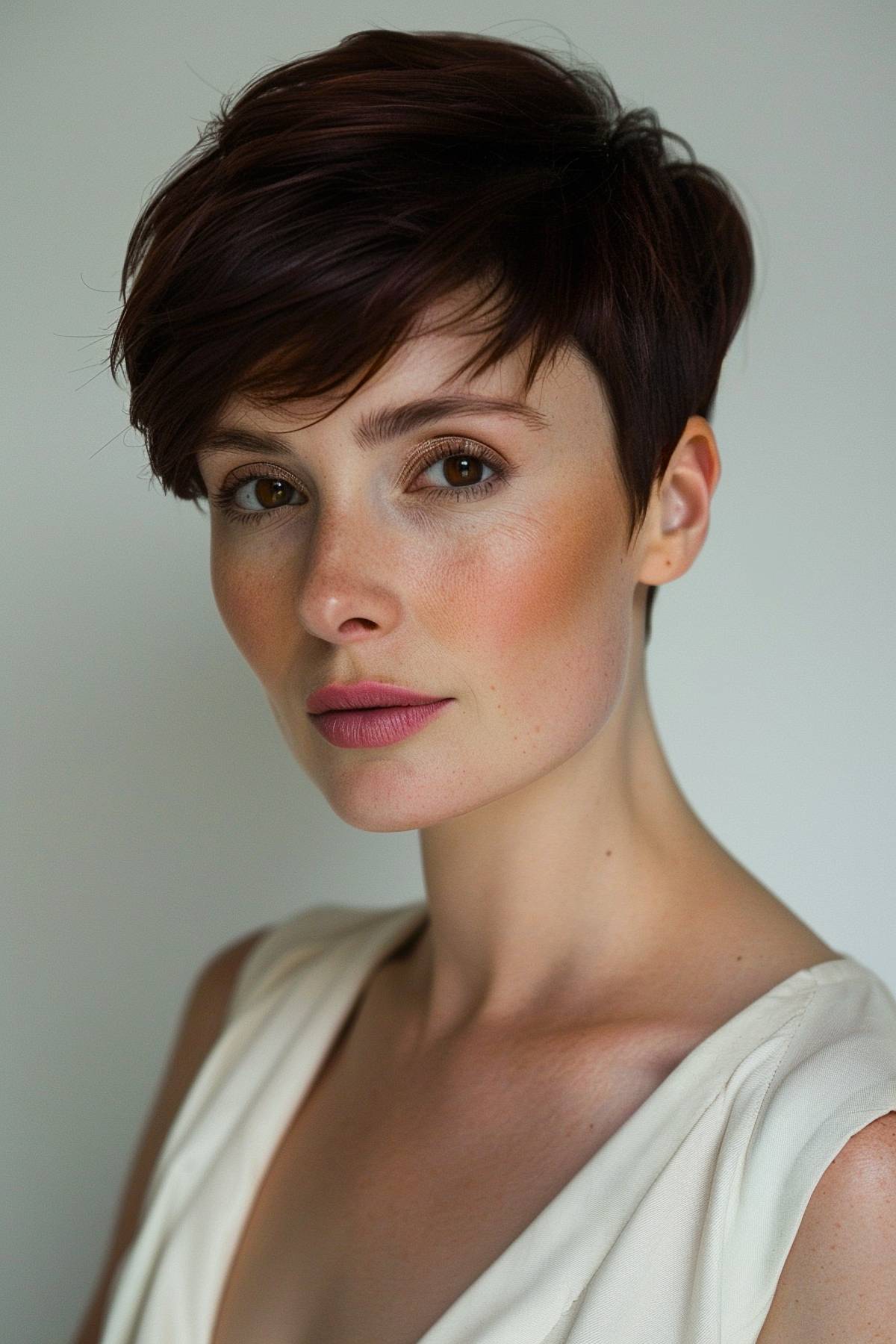 Velvetine pixie hairstyle featuring sleek layers and rich auburn tones