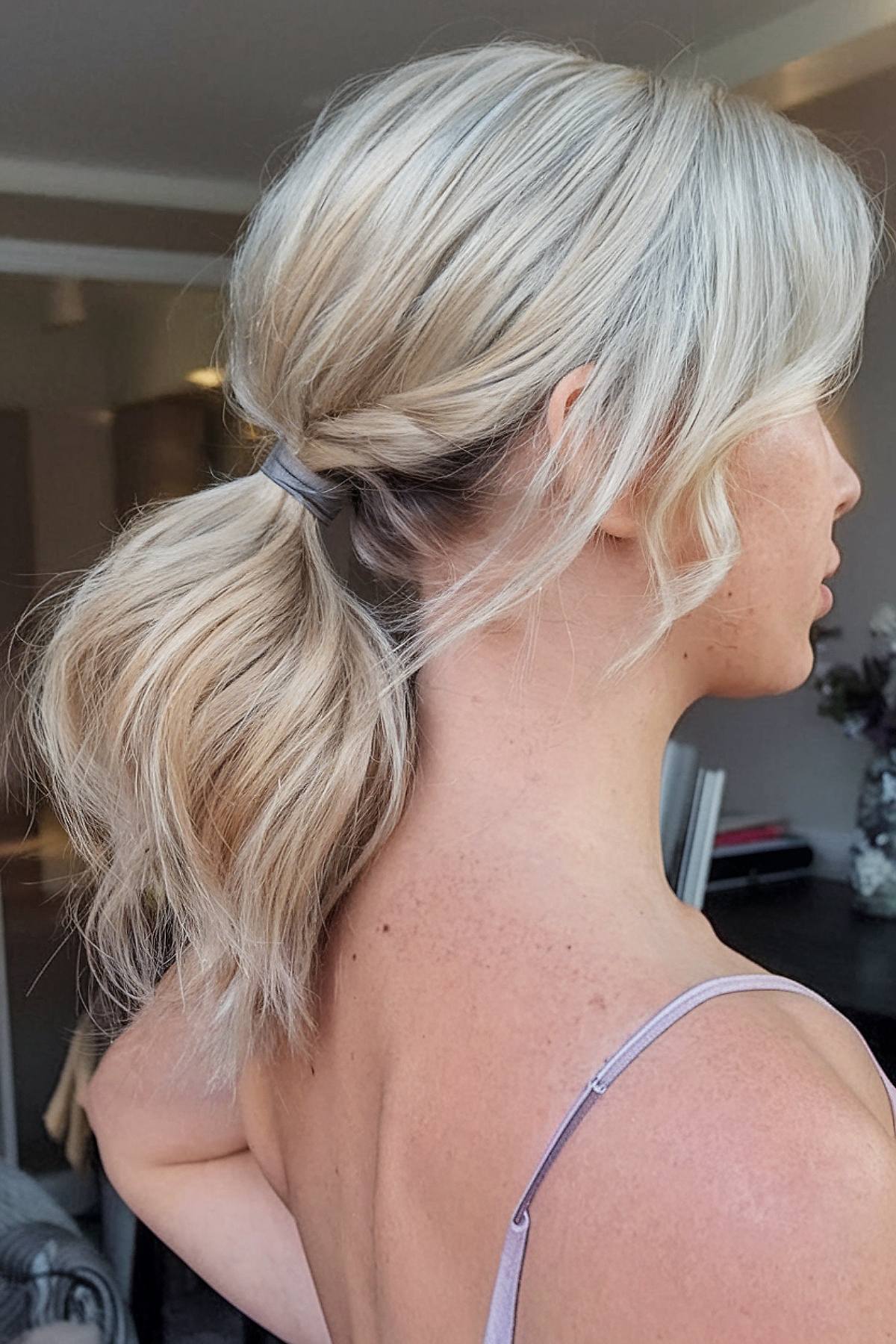 Medium length layered hair in ponytail with added texture