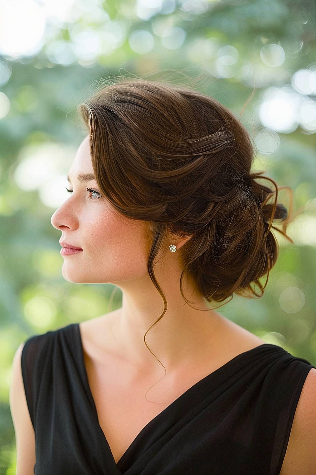 Soft low bun bridesmaid updo for medium-length hair