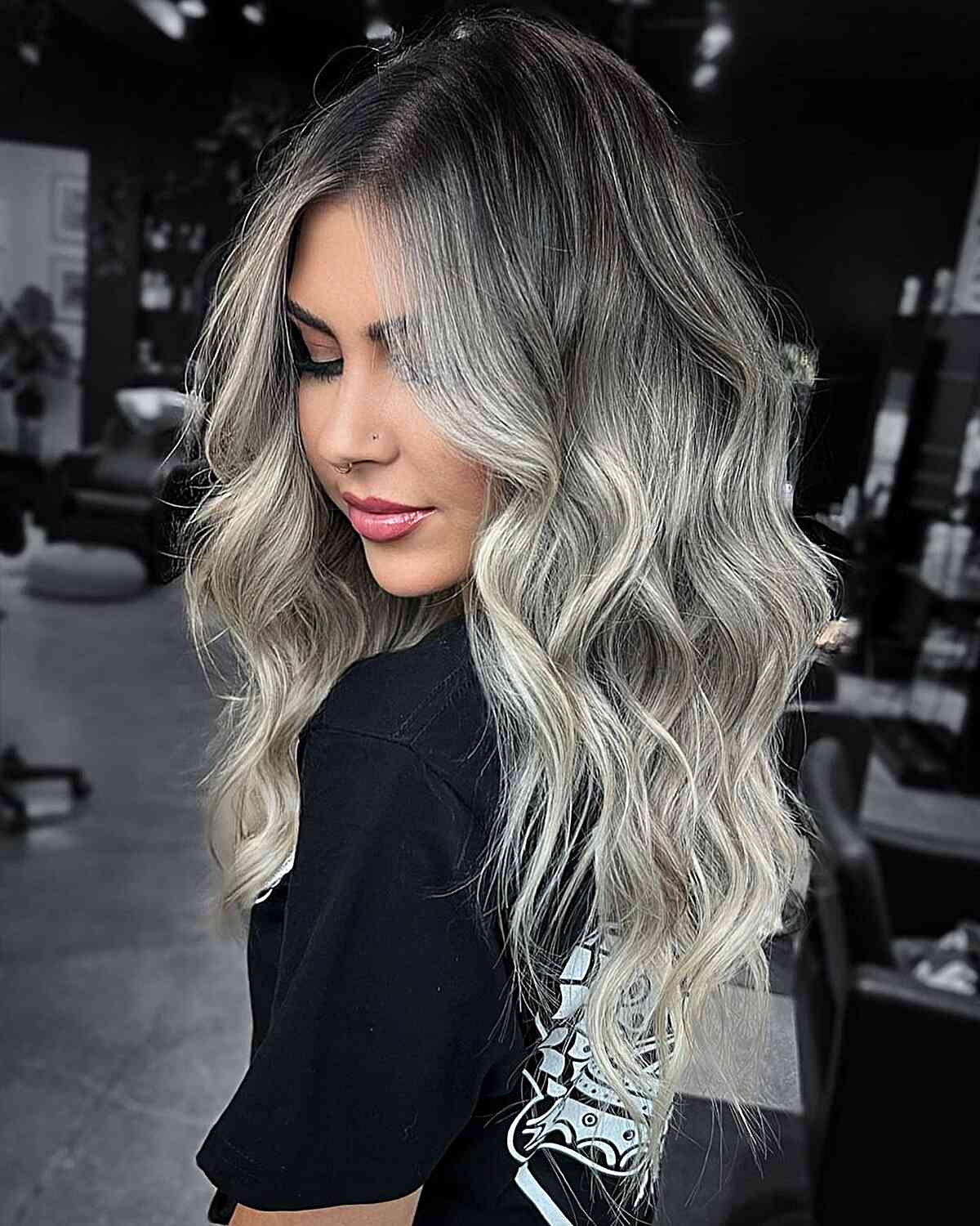 Very Dark Rooted Hair with Icy Blonde Highlights