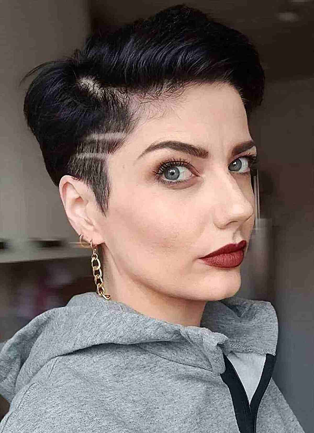 Very Edgy Pixie Cut with Shaved Lines and Sides and side part