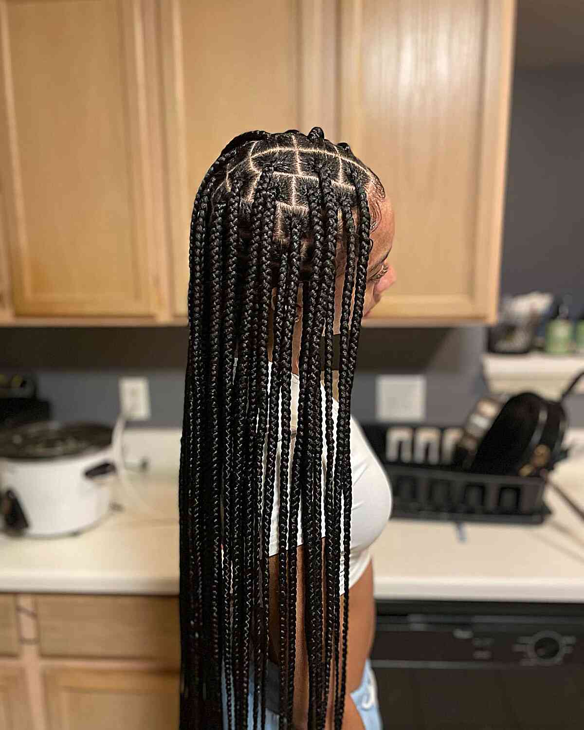 Very Long and Chunky Small Black Knotless Braids with Middle Part