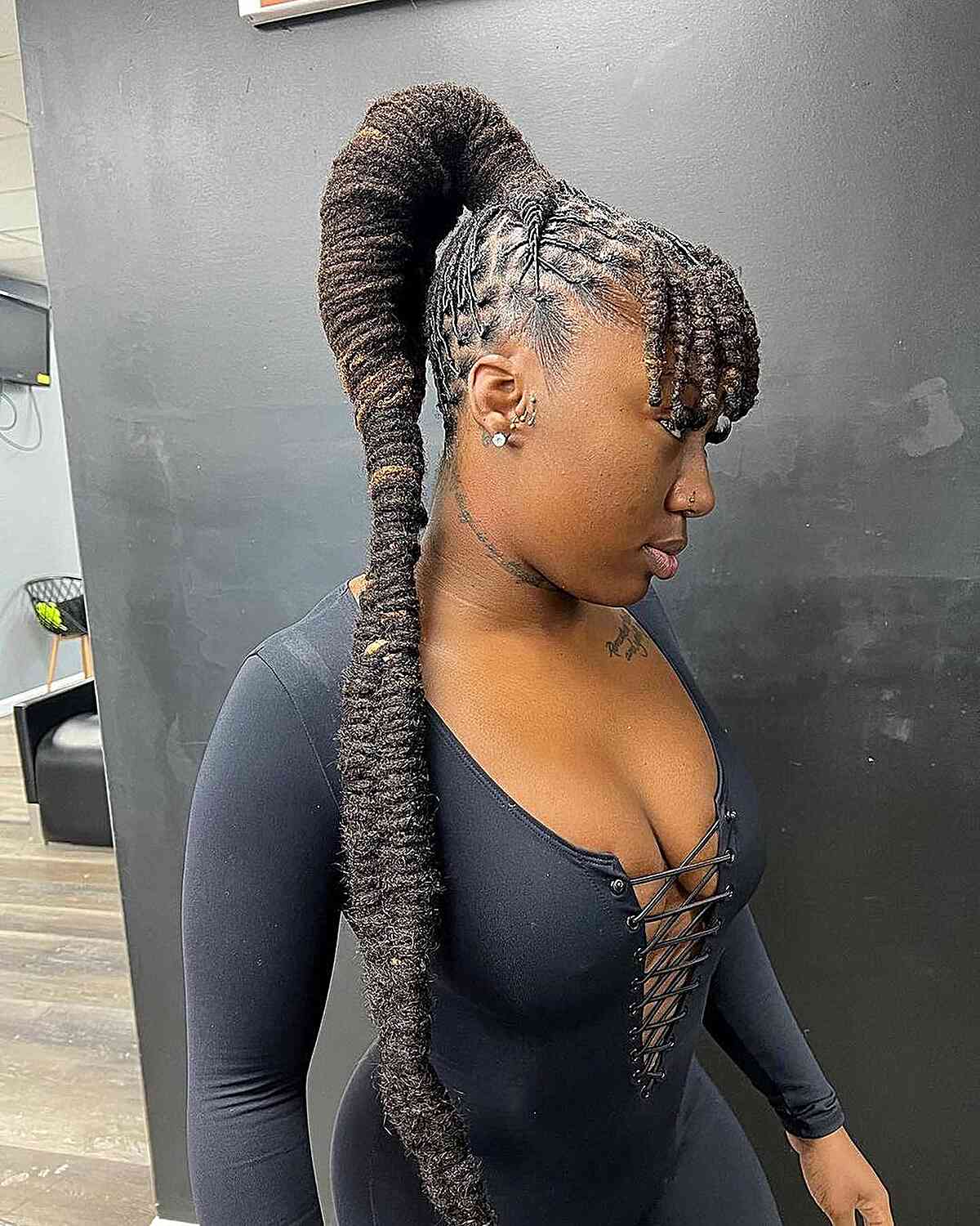 Very Long Chunky Dreadlock High Ponytail Updo with Bangs