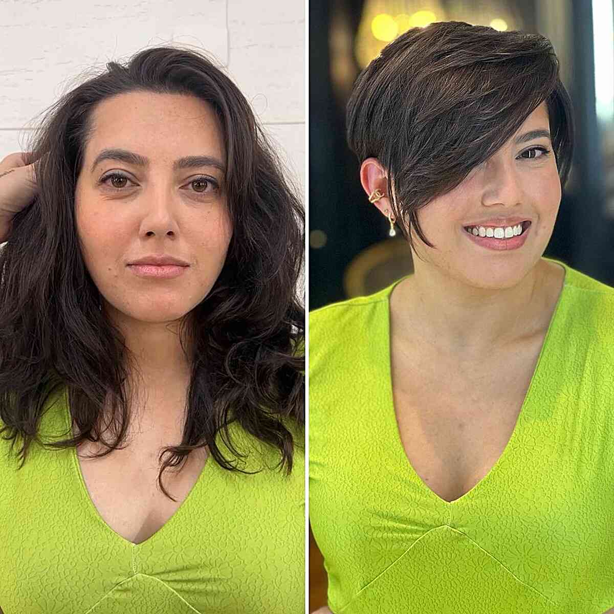Very Long Fringe on a Pixie Cut for ladies with dark brown hair