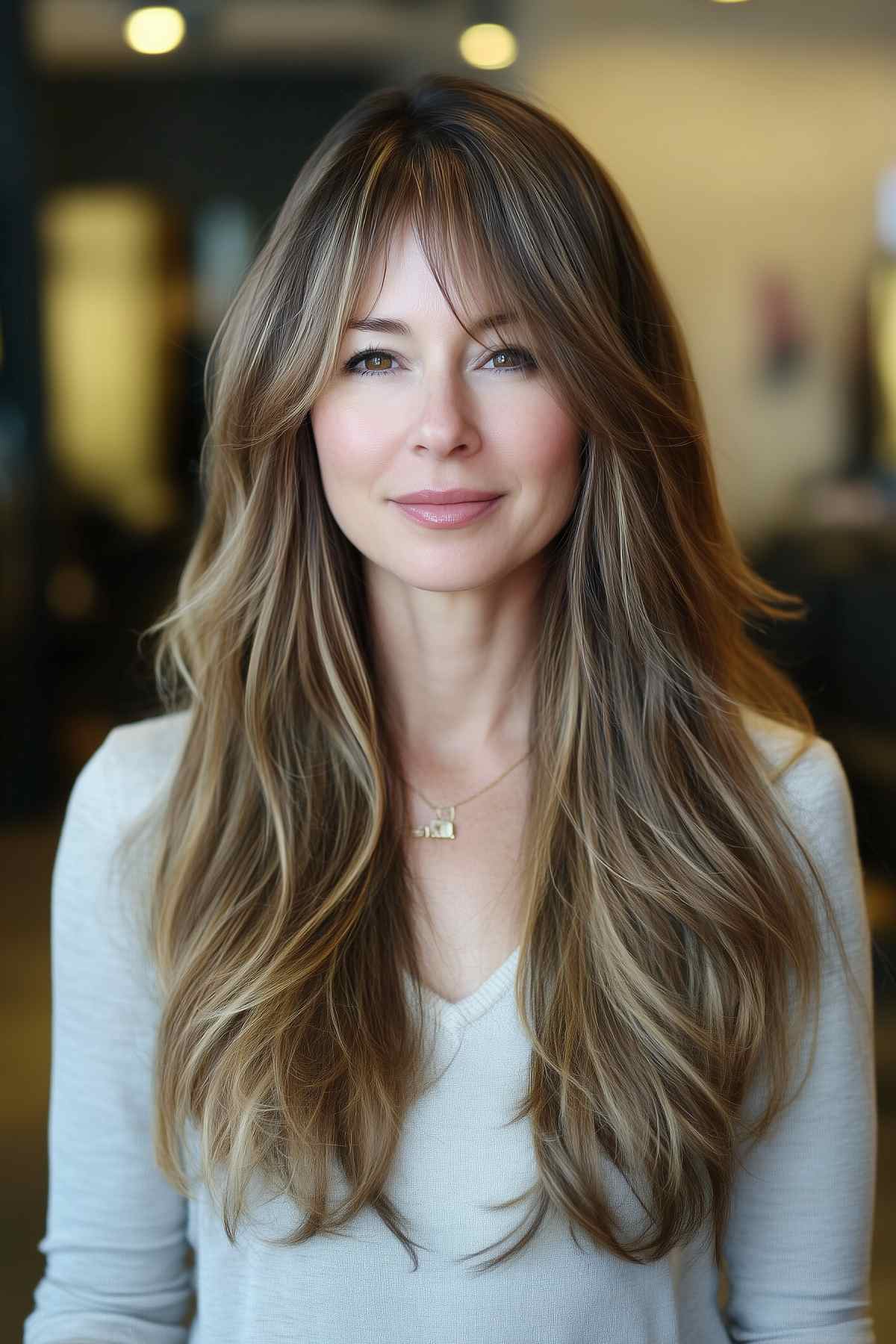 Very long hair with soft layers and side bangs, enhanced with subtle highlights