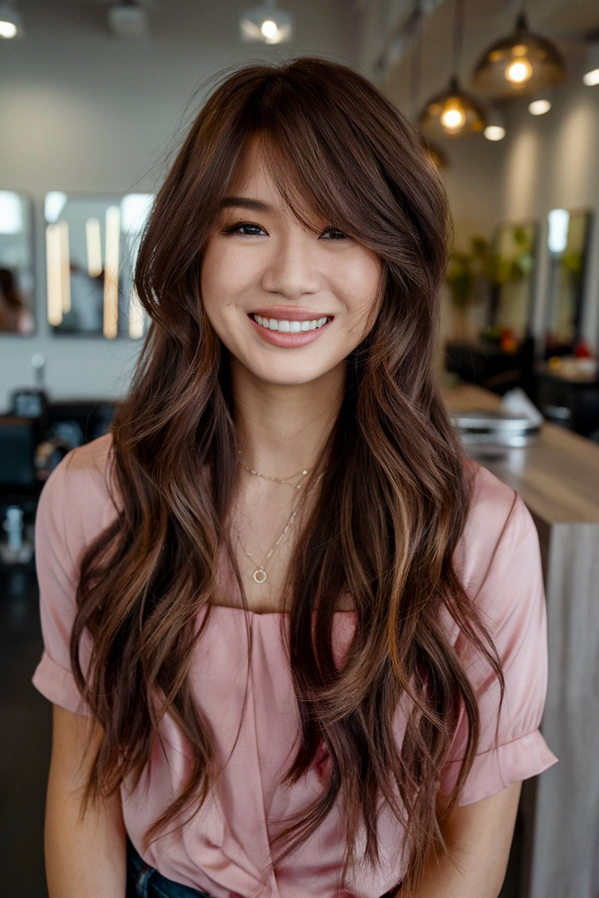 Very long layered haircut with soft side bangs for added length and movement