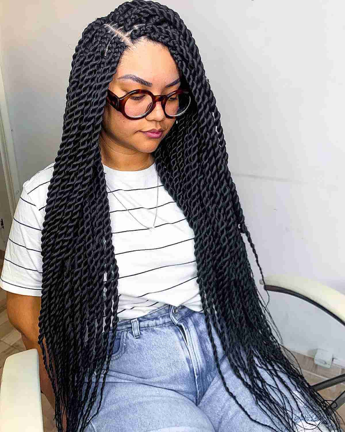 Very Long Side-Parted Twist Braids