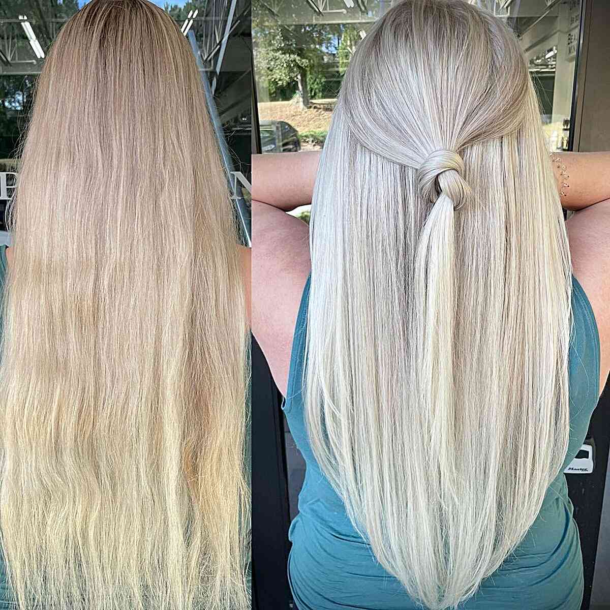 Very Long Sleek V-Cut Hair with Platinum Blonde Color and Shadow Root