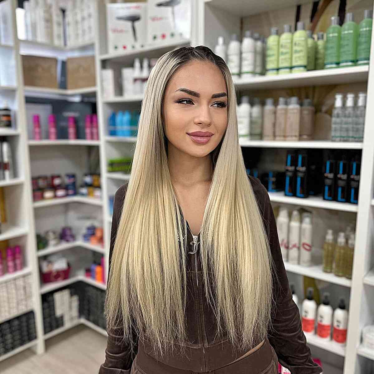 Very Long Straight Blonde Hair with Dark Roots