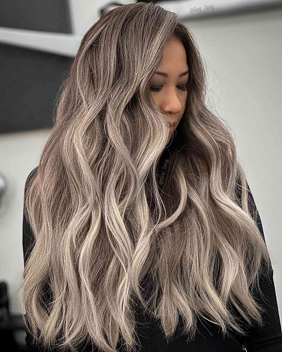 Very Long Thick Hair with Ashy Blonde Balayage