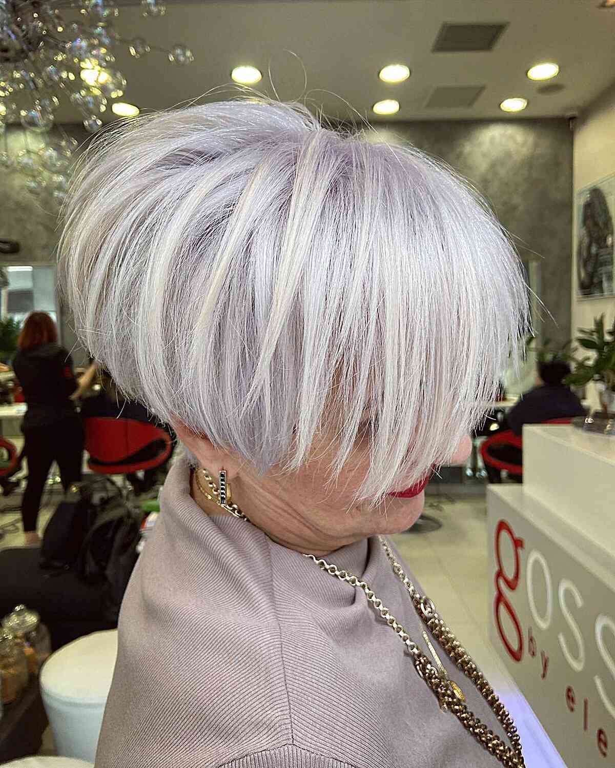 Very Short A-Line Platinum Pearl Blonde Pixie for Women Over 60 with Straight Hair