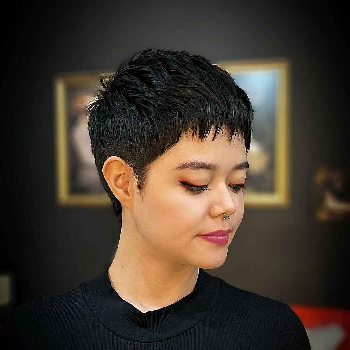 Very Short Androgynous Black Pixie with Fringe