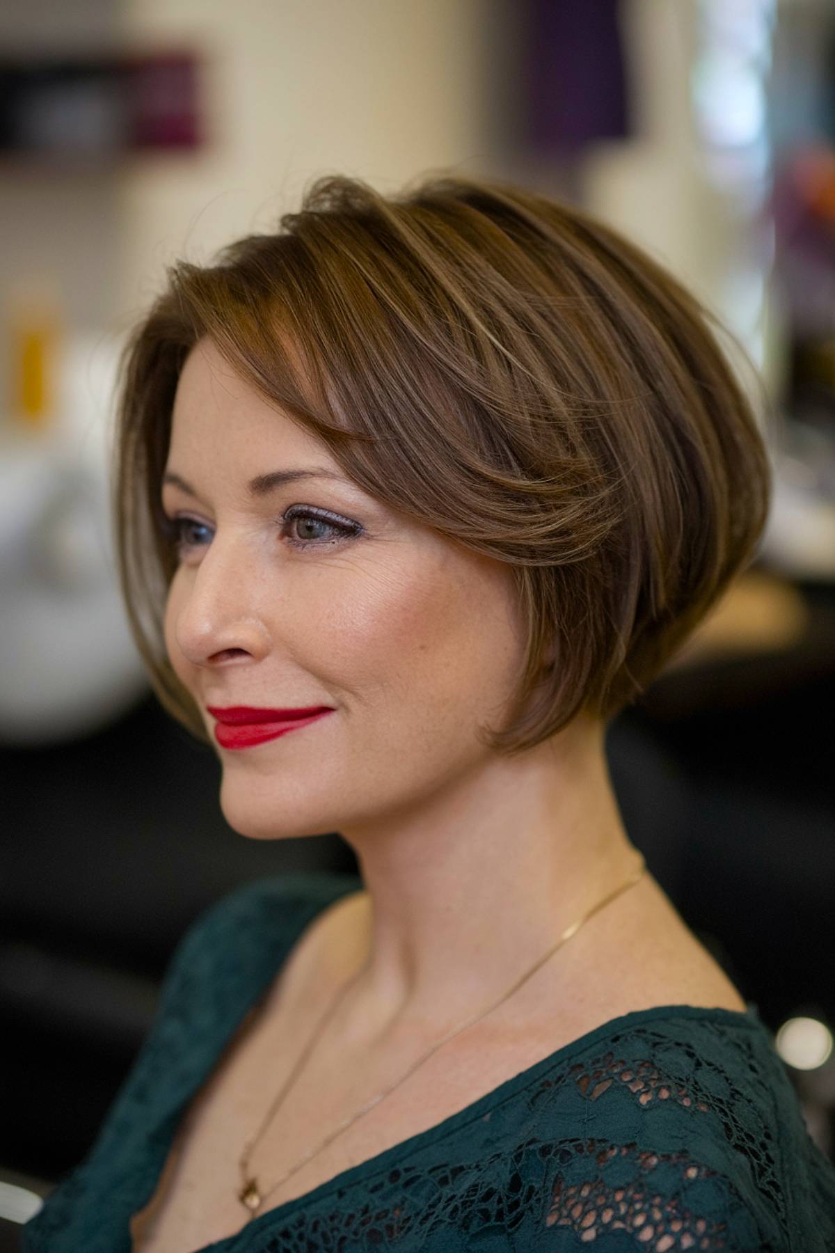 A chic and modern very short angled bob with a stacked nape and clean, sharp lines for a bold yet effortless look