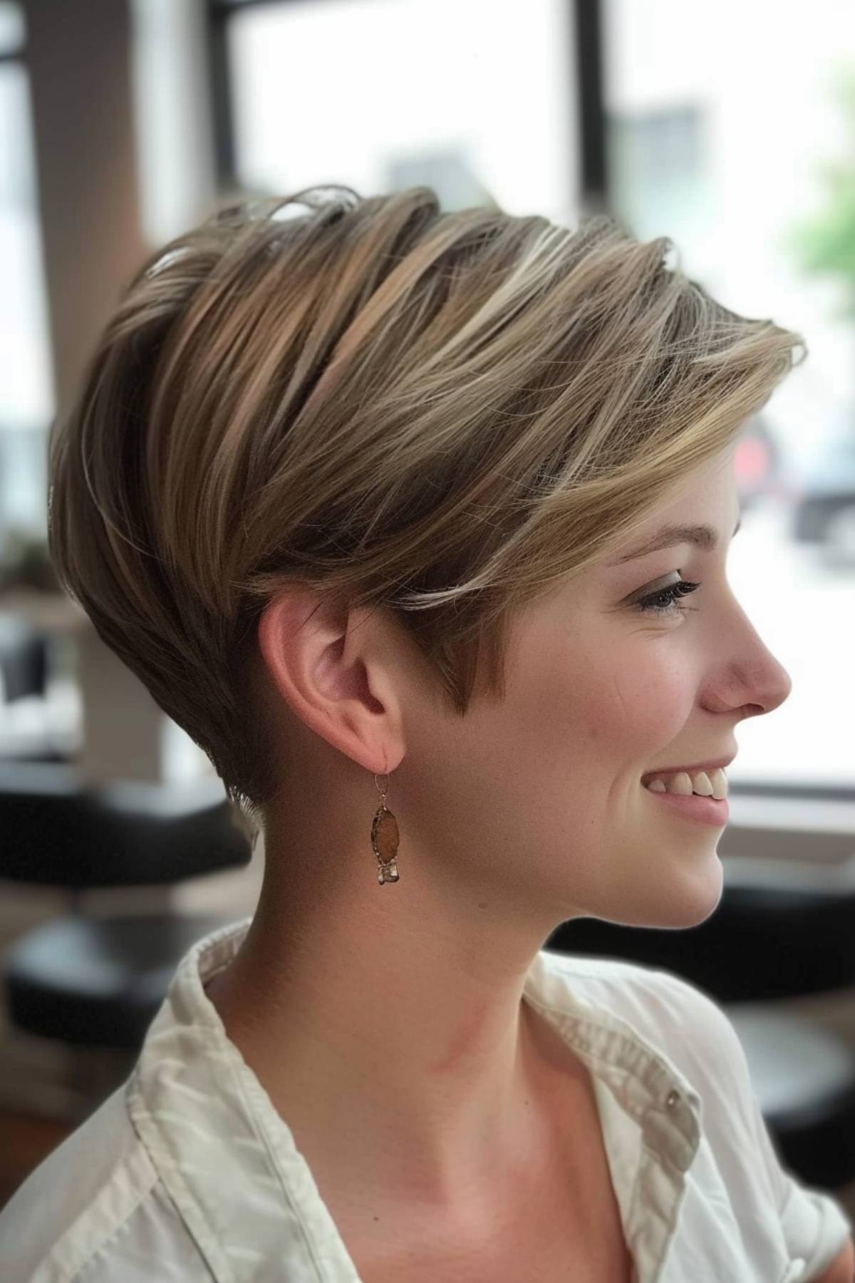 The fashion-forward lady rocked a very short, angled bob pixie cut that accentuated volume for a dramatic look.