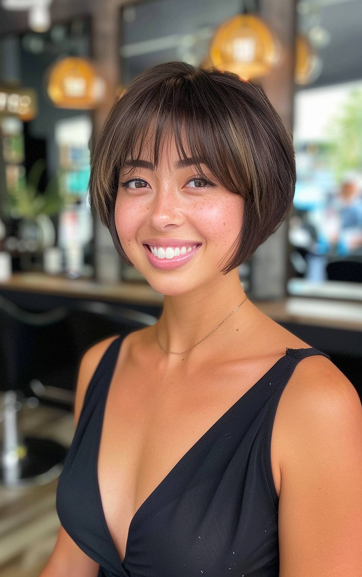 Very short bob haircut with soft layers and wispy fringe