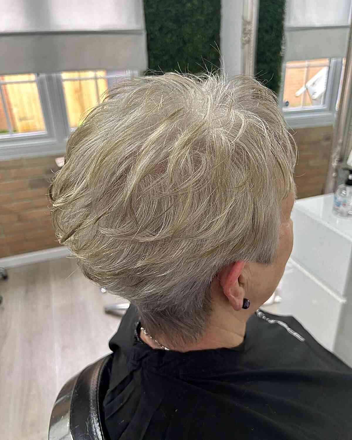 Very Short Choppy Crop with Piece-y Layers on 60-Year-Old Older Women's Natural White Hair