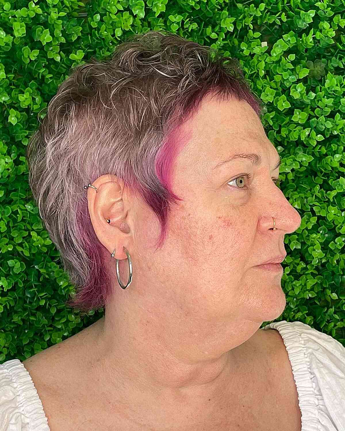 Very Short Feathered Shaggy Pixie with Pink Hue for Women Over 70