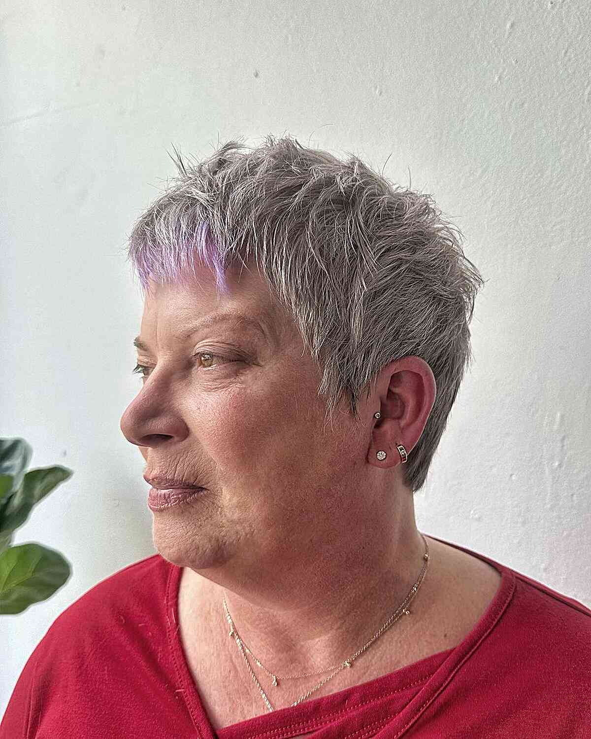 Very Short Grey Hair with Lilac Bangs for Plus Size Ladies Over 60