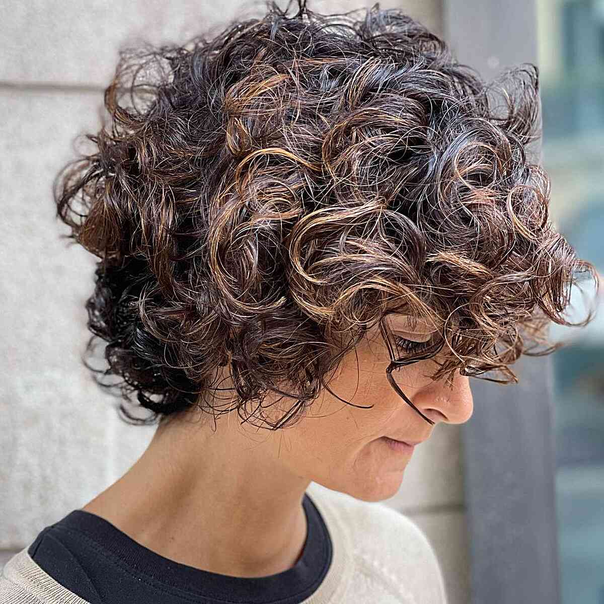 Very Short Layered Bob with Big Curls for Mature Ladies' Brunette Hair