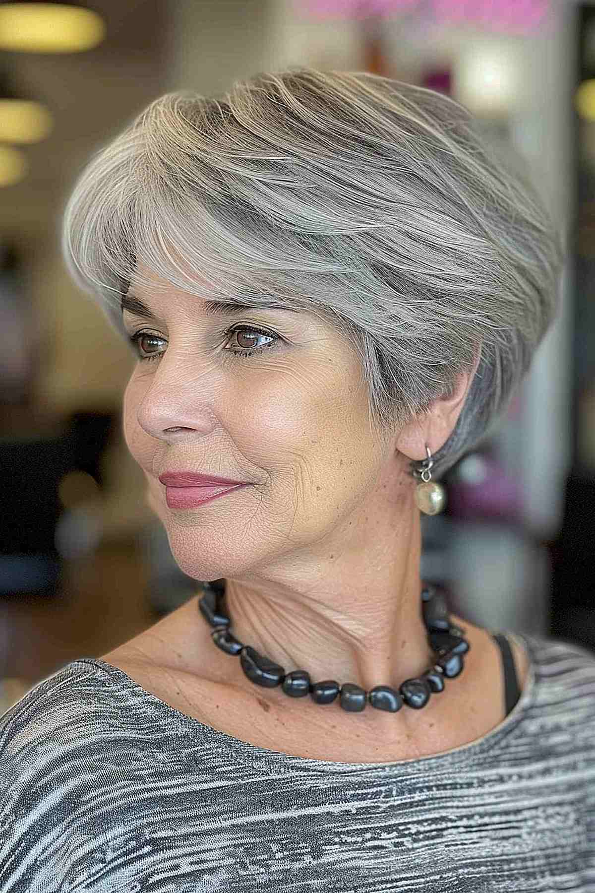 Very short layered bob for women turning 60 with soft layers and natural gray color.