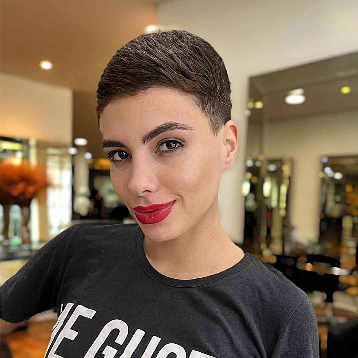 Very Short Micro Pixie Cut for women in their 30s with a large forehead