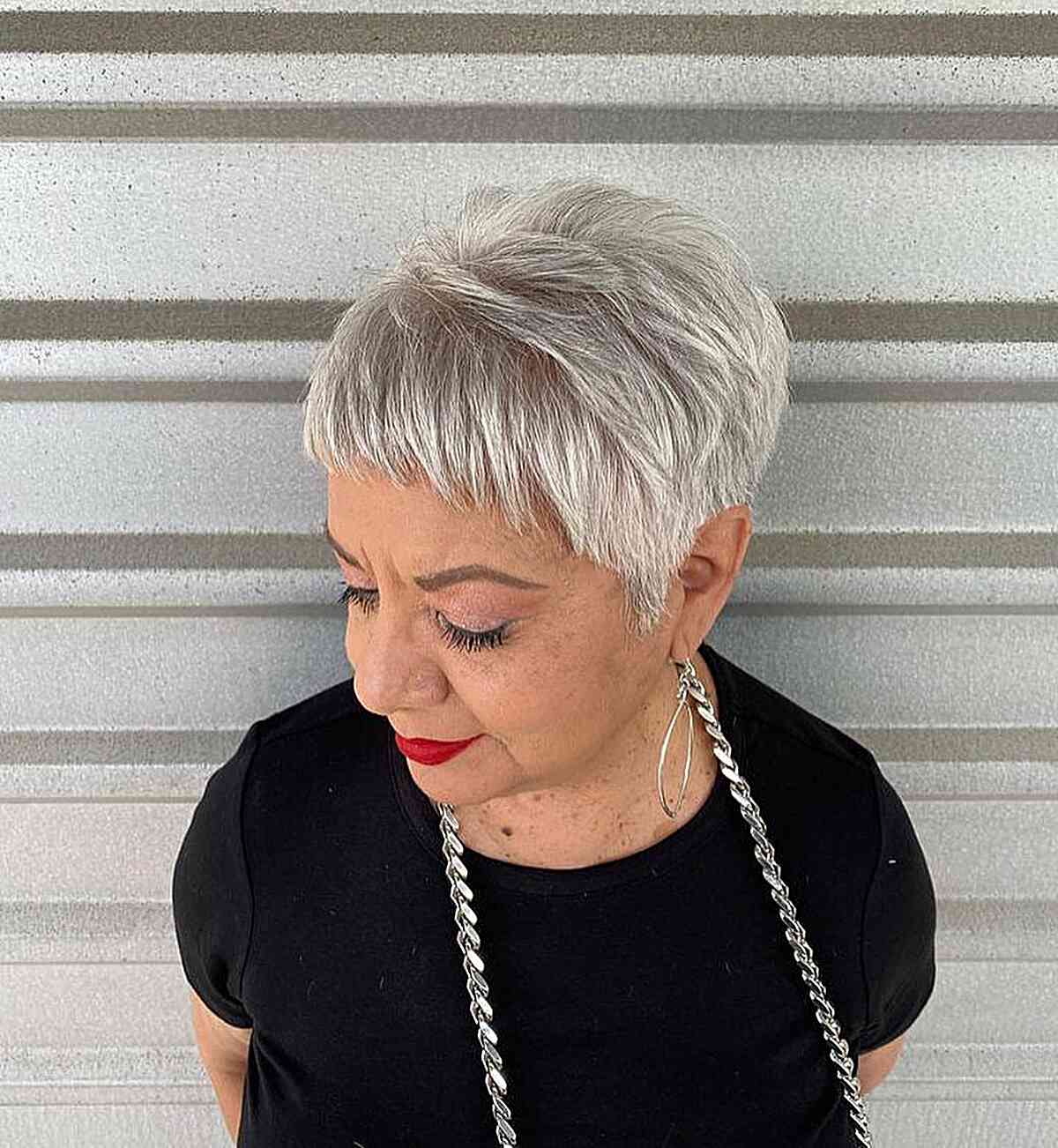 Very Short Piecey Pixie with Short Fringe for older women with natural hair color