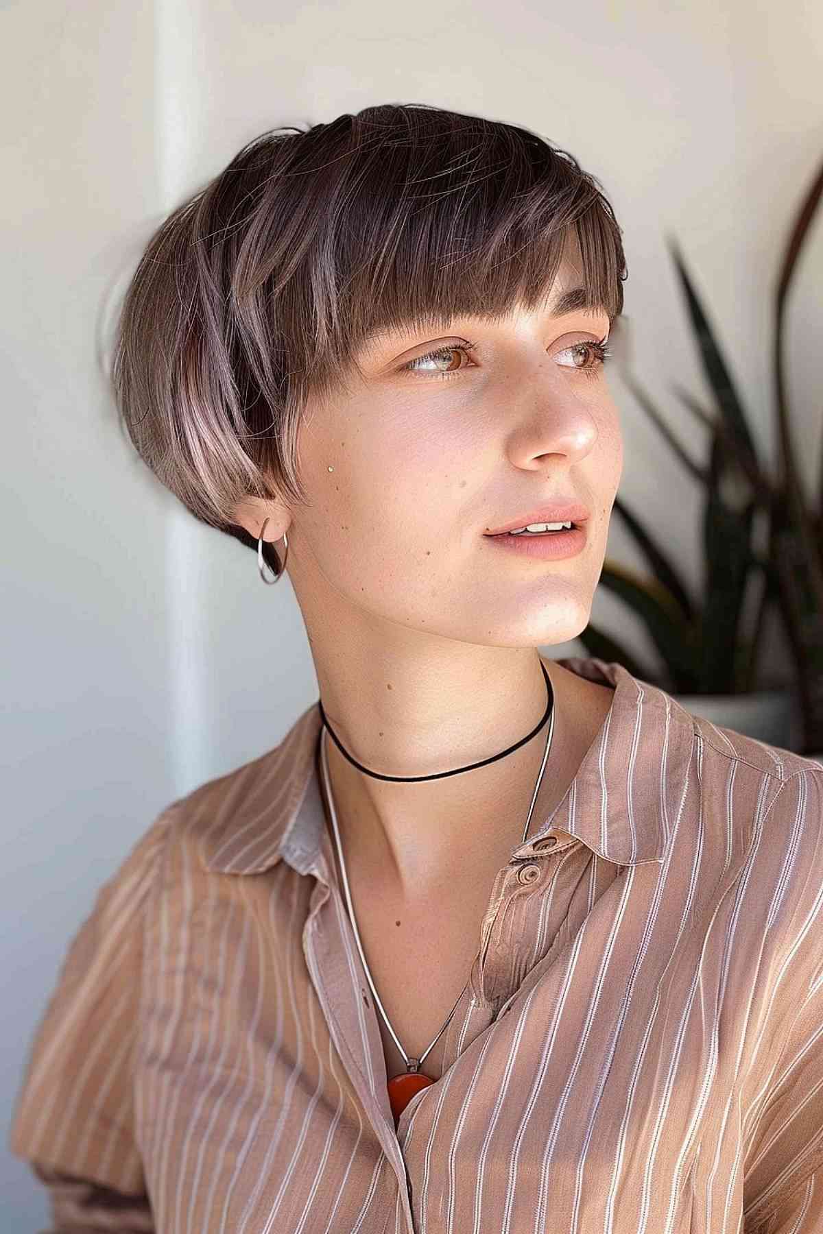 Young woman with a light brown very short pixie bob with textured, edgy bangs.