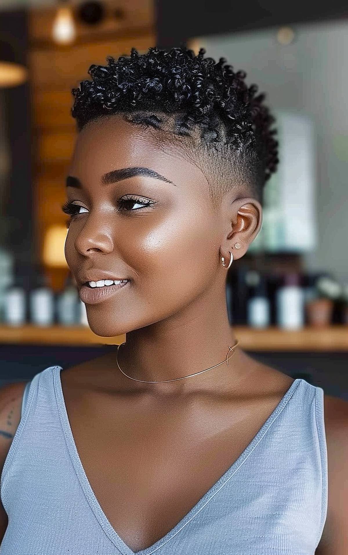 Very short pixie haircut with shaved sides and natural curls for black women