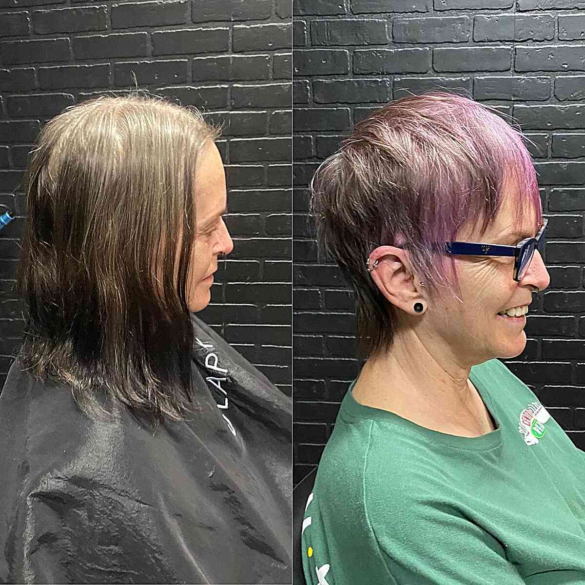 Very Short Pixie Shag Mullet with Purple Highlights for 70-year-old Ladies with Glasses
