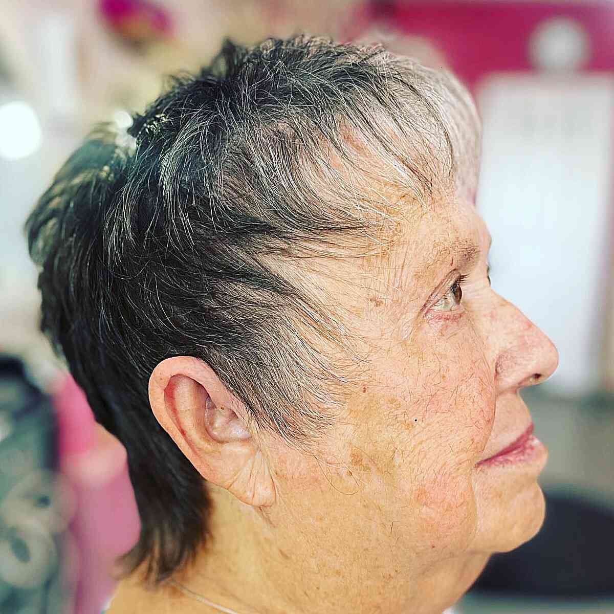 Very Short Pixie Shag with Wispy Bangs on Grandma Over 70