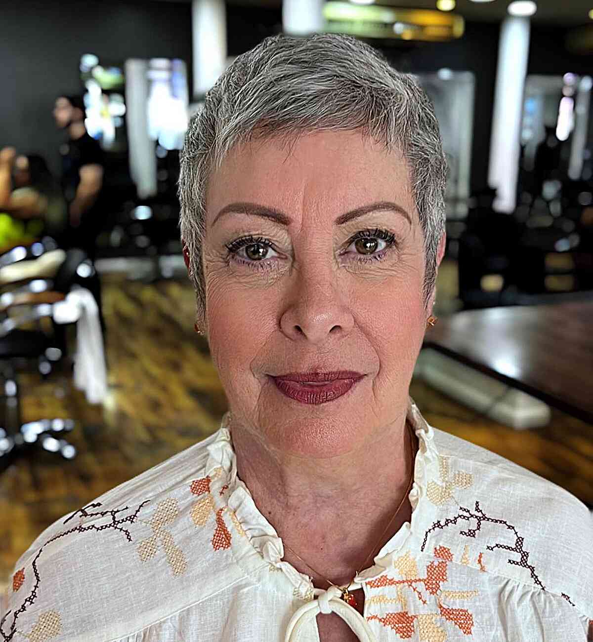Very Short Pixie with Grey Balayage for 60-Year-Old Ladies
