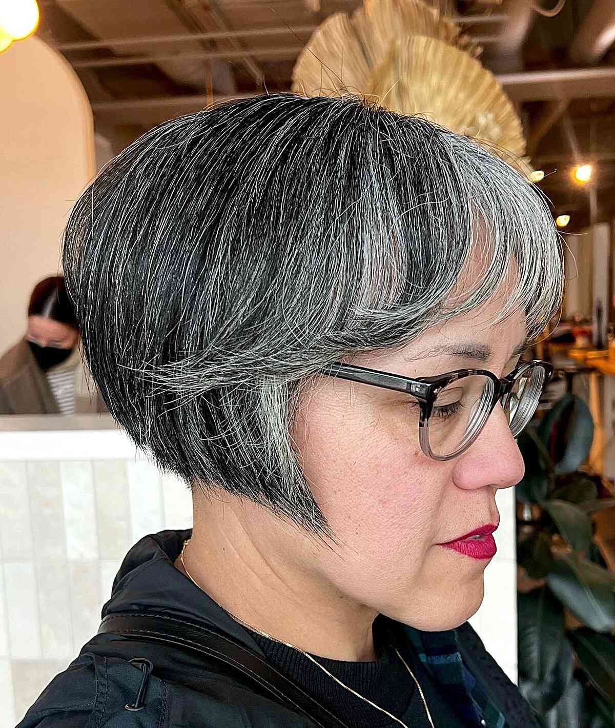 Very Short Precision Cut Bob for women with natural salt and pepper hair