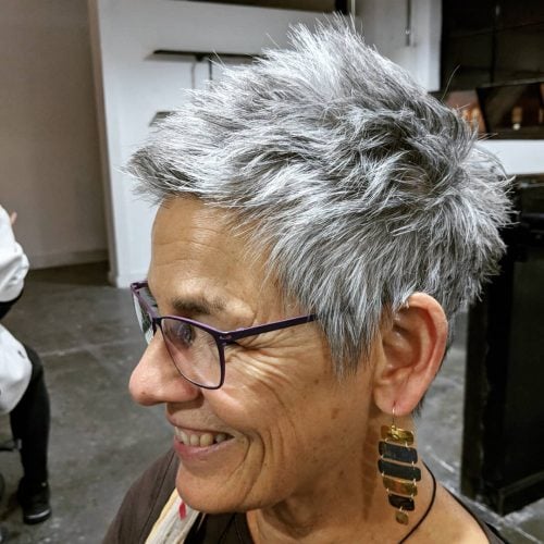 Modern Very Short Spiky Pixie for women over fifty with eyeglasses