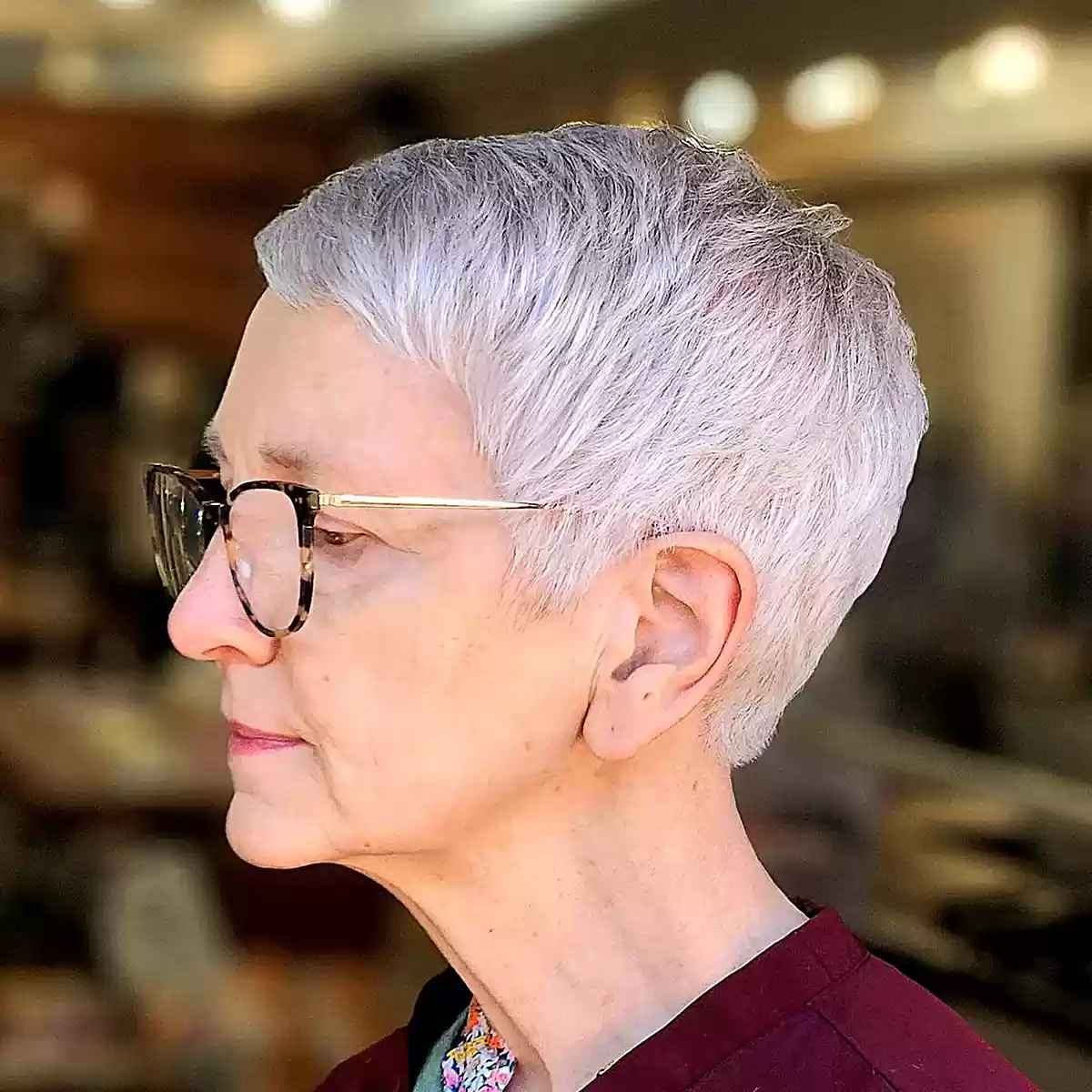 Very Short Wash-and-Wear Gray Pixie for Senior Ladies with Eyeglasses