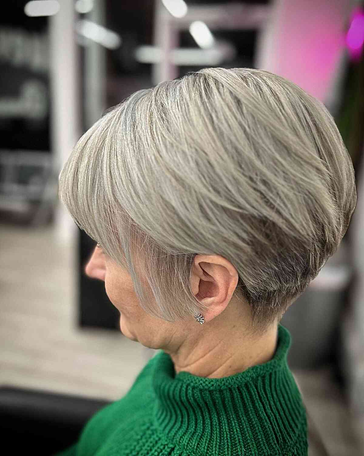 Very Short Wedge Bob Cut with Bangs for Older Ladies Past 50 with Grey Hair