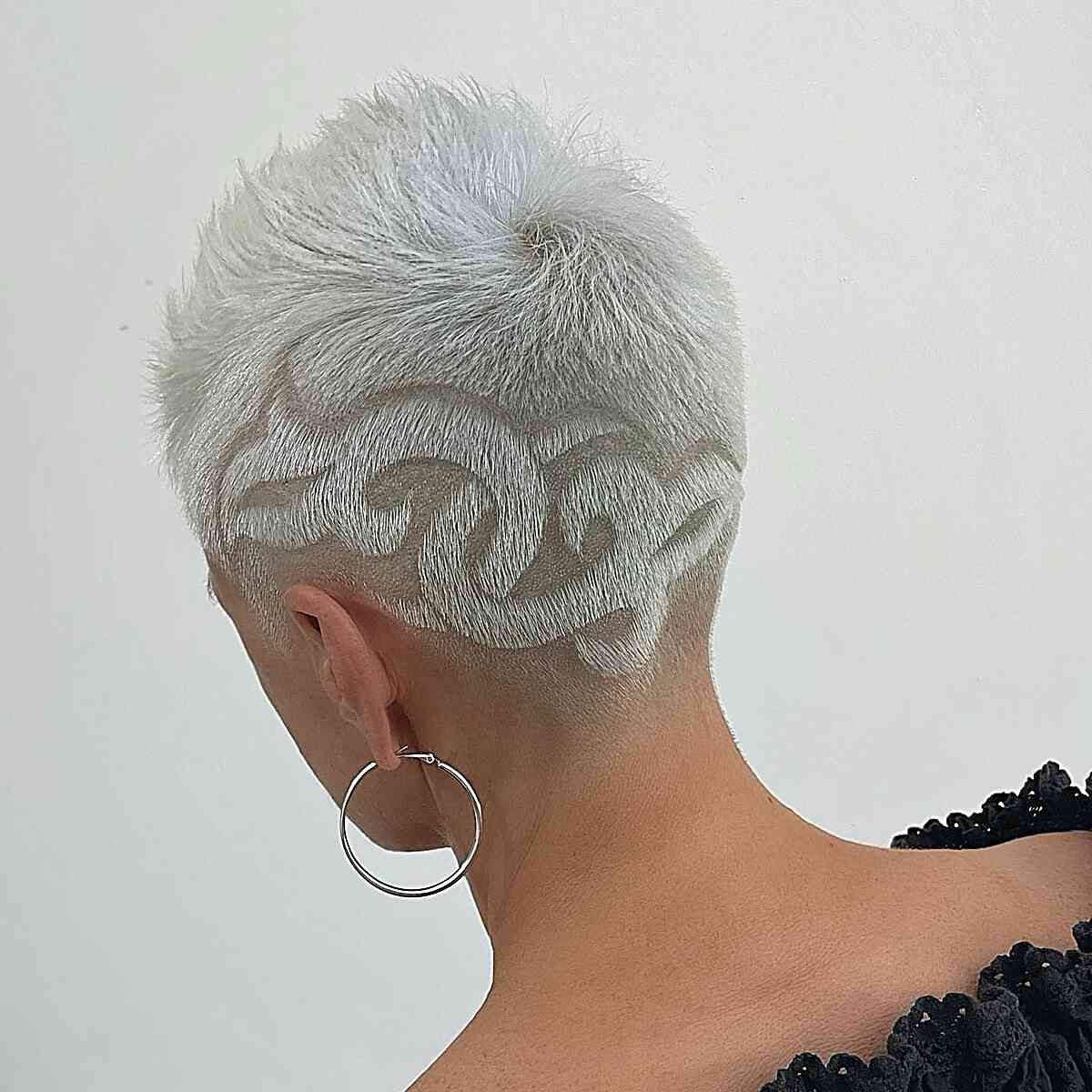 Very Short White Pixie with Intricate Designs
