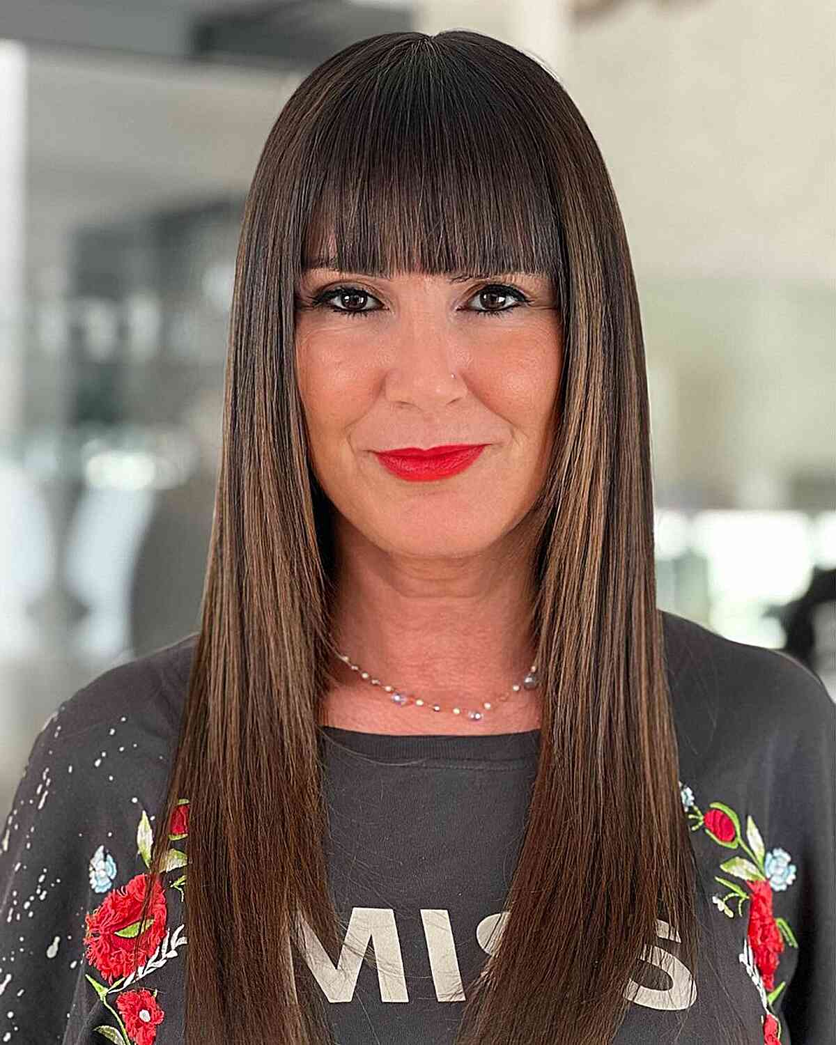 Very Straight Long Hair with Very Straight Bangs for Women aged 50