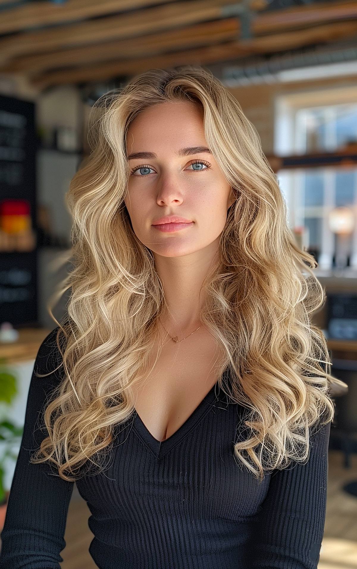 Warm golden blonde curly hairstyle with long layers for voluminous hair