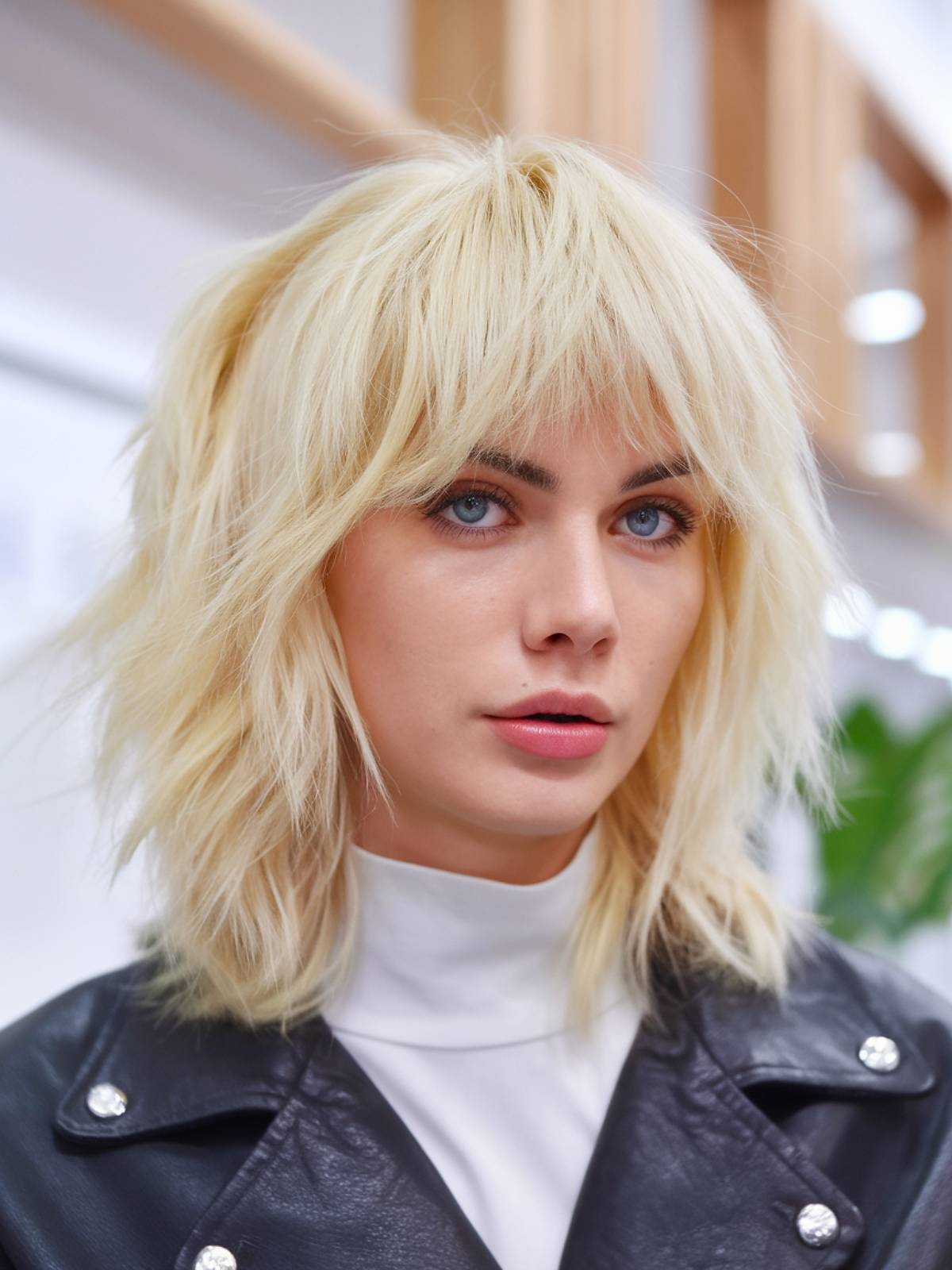 Blonde soft shag haircut with choppy layers and curtain bangs