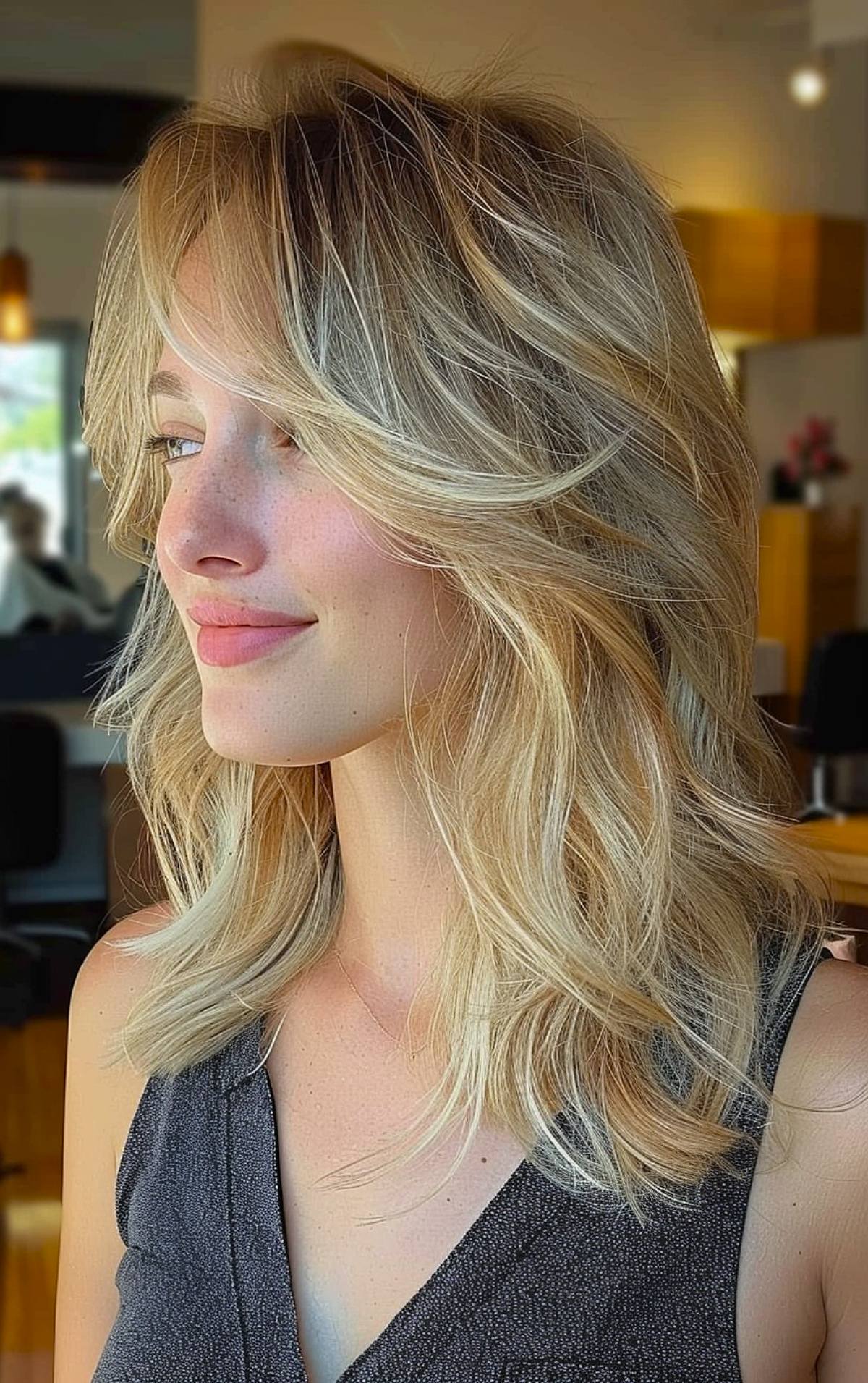 Blonde wolf cut with feathered layers and curtain bangs for thick hair