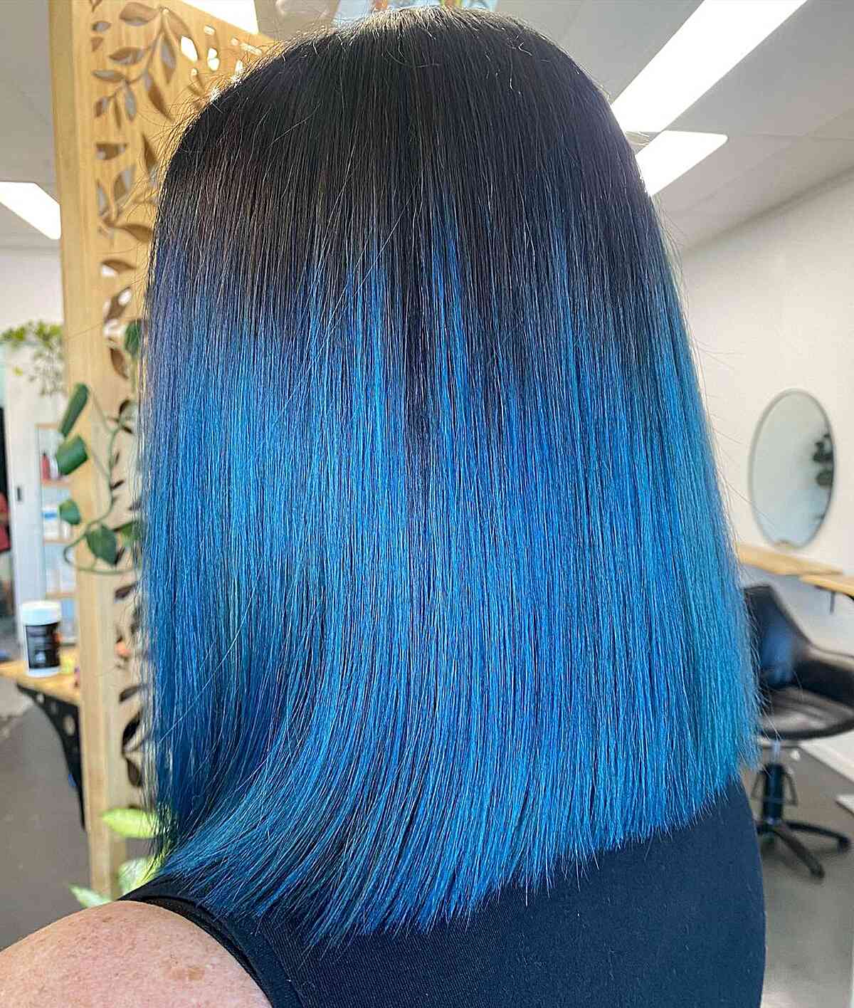Vibrant Blue Ombre Balayage for Black Hair and Collarbone Bob