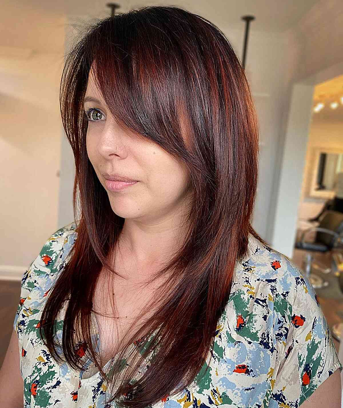 Vibrant Long Red Hair with Long Side Bangs