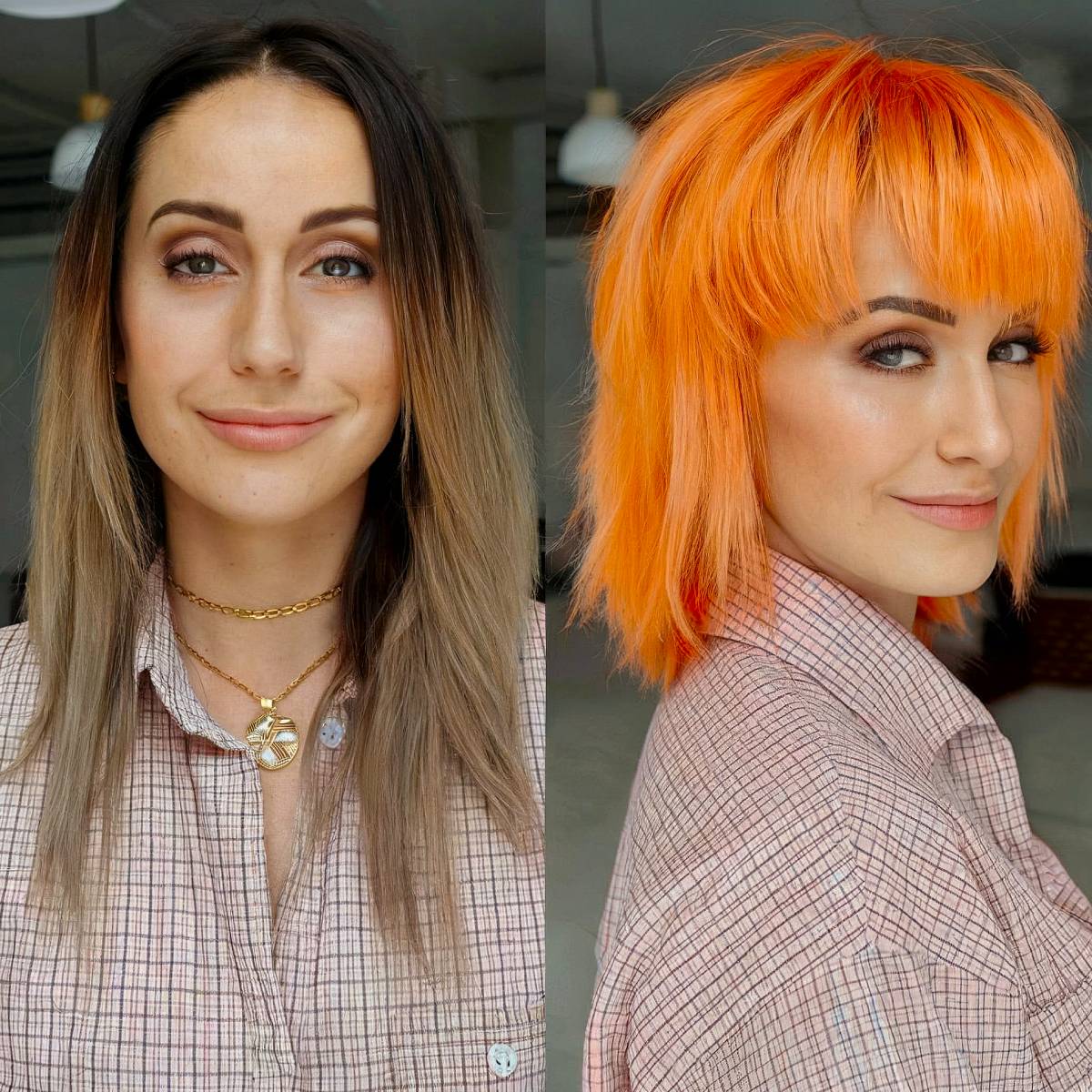 Before and after of ombré medium-length hair transformed into a vibrant orange shag with choppy layers and bangs