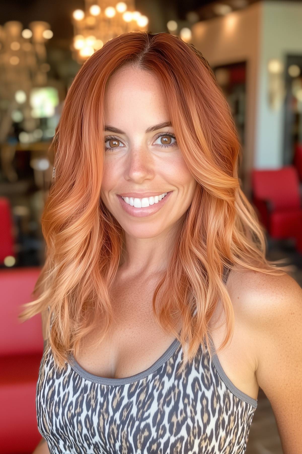 Woman with vibrant orange medium-length wavy hair