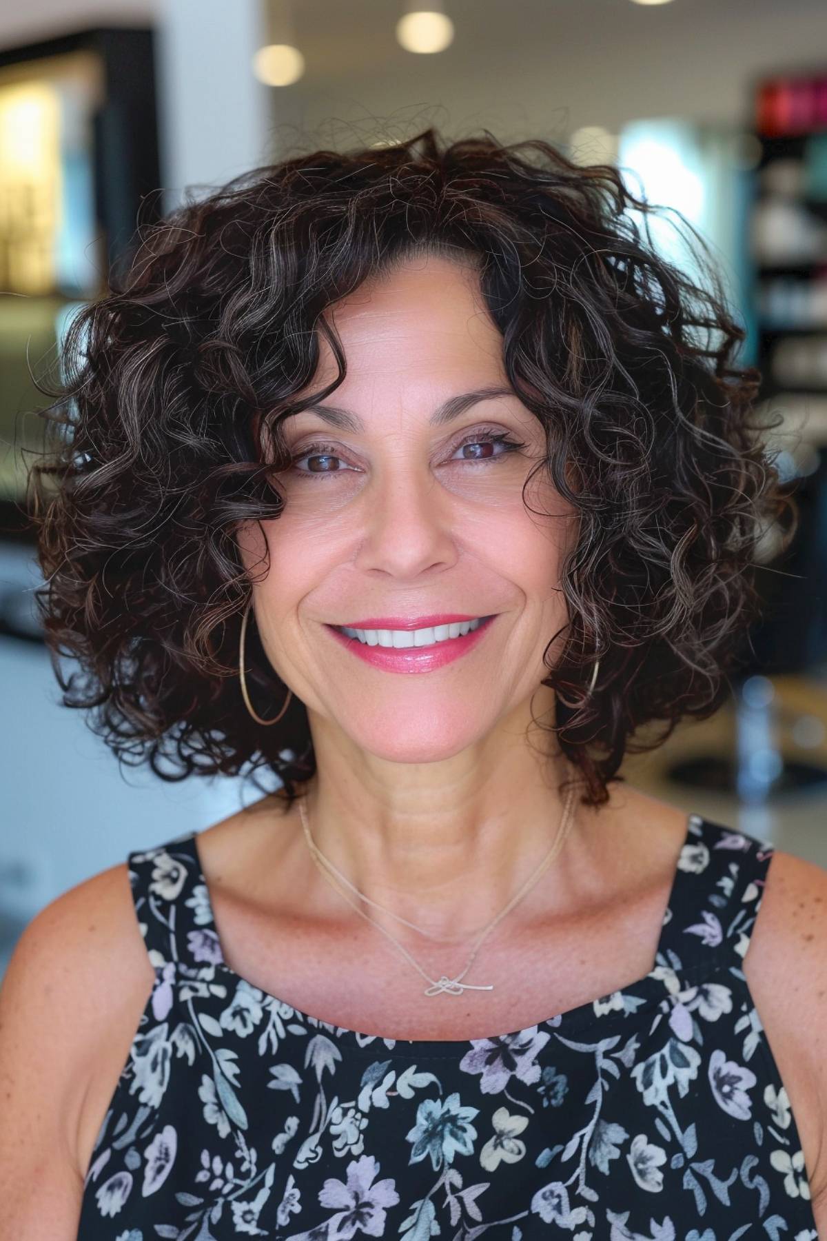 Permed curly bob for older women with chin-length structured curls