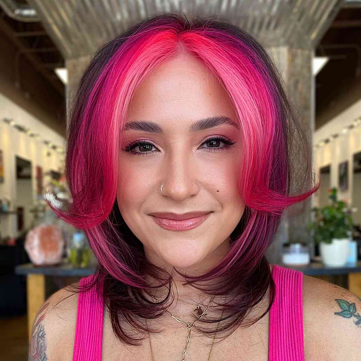 Vibrant Pink Money Piece on short brown hair