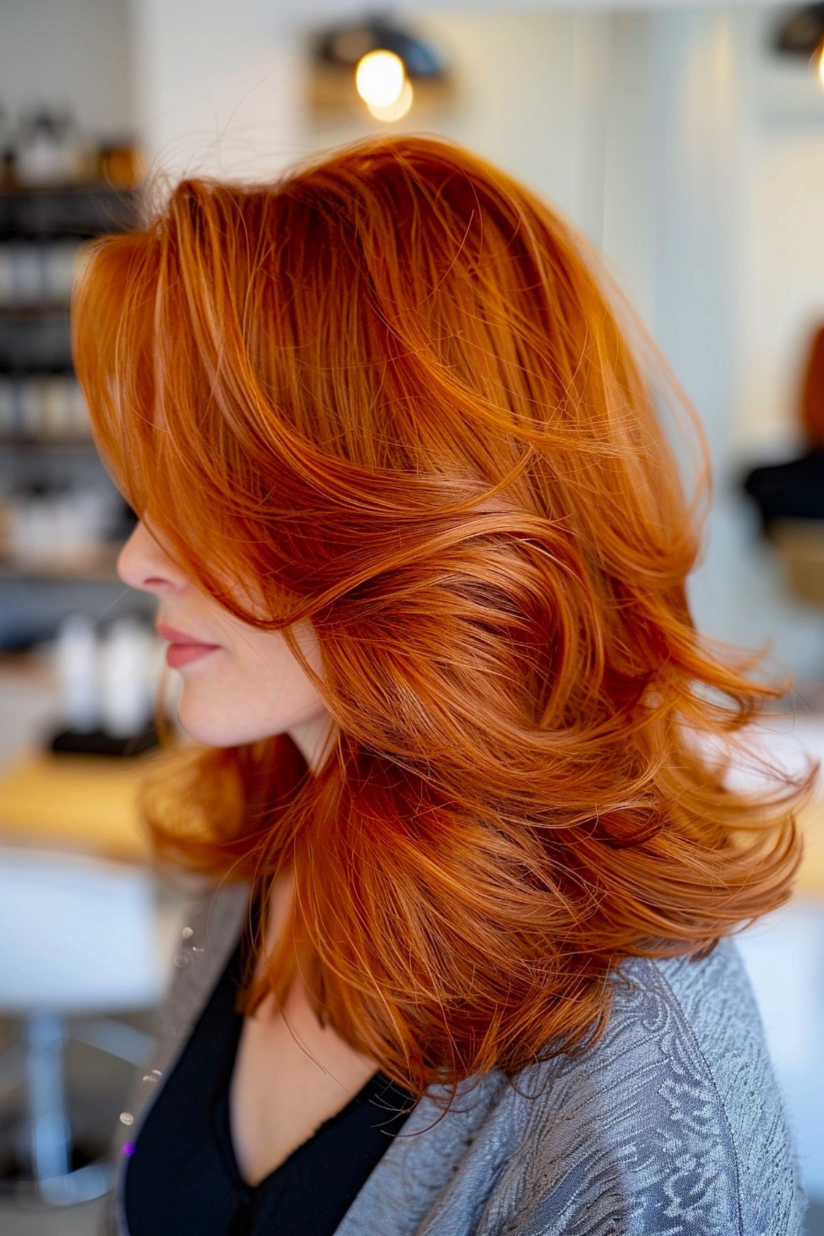 Red medium layered haircut with vibrant tones