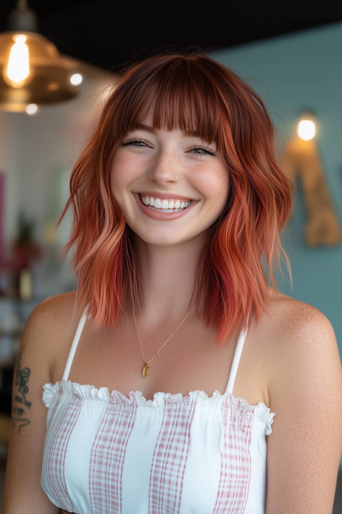 Woman with vibrant red shaggy lob and blunt bangs