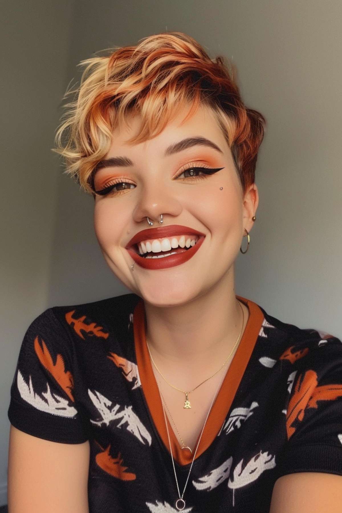 Vibrant wavy pixie cut with blonde and orange highlights