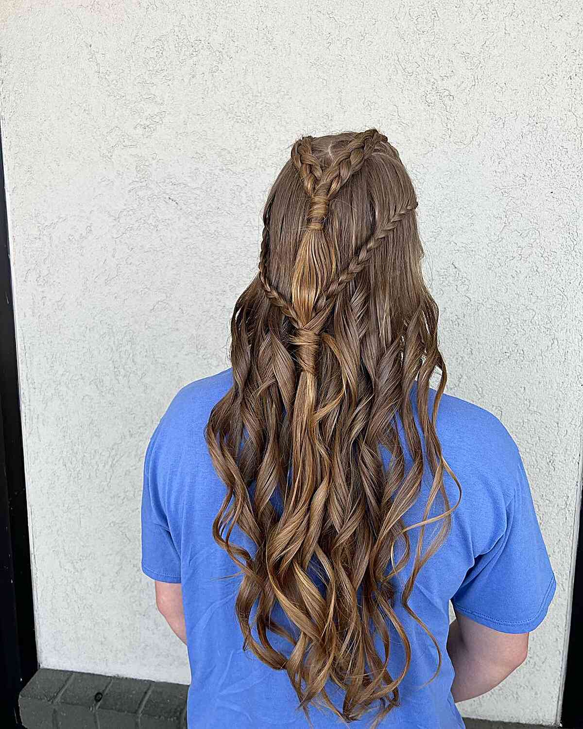 Viking Crown Braids with Knots and Loose Curls for Long Brown Hair